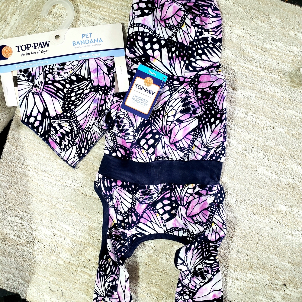 Top Paw Purple, Black & White Butterfly Dog Hoodie & Matching Bandana Set